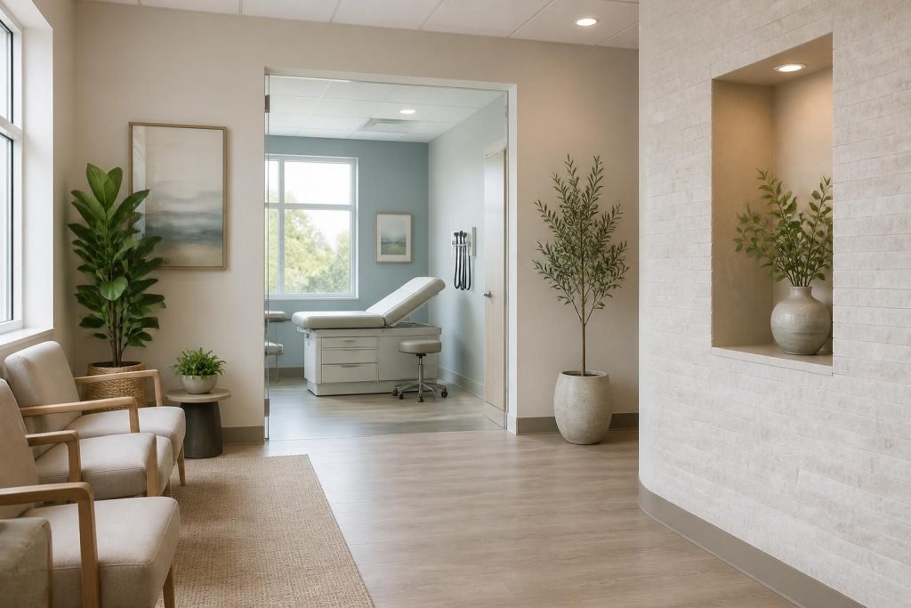 Bright modern medical clinic interior with reception and exam room