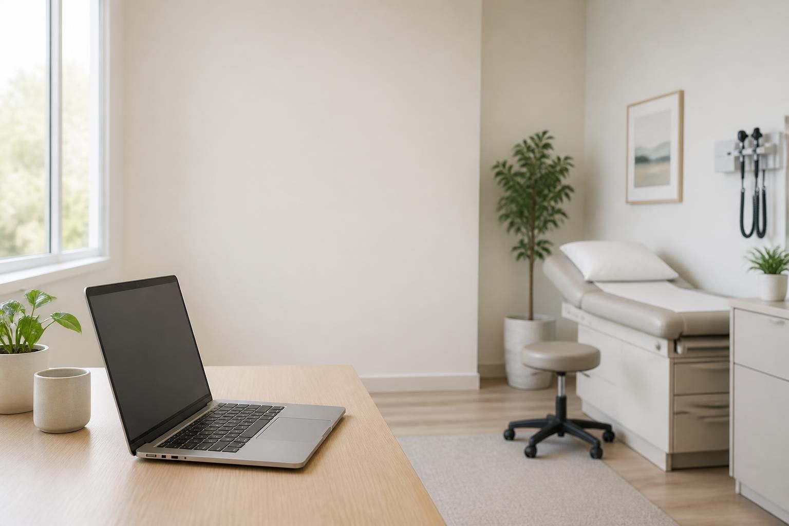Telehealth-ready medical workspace with open space for text