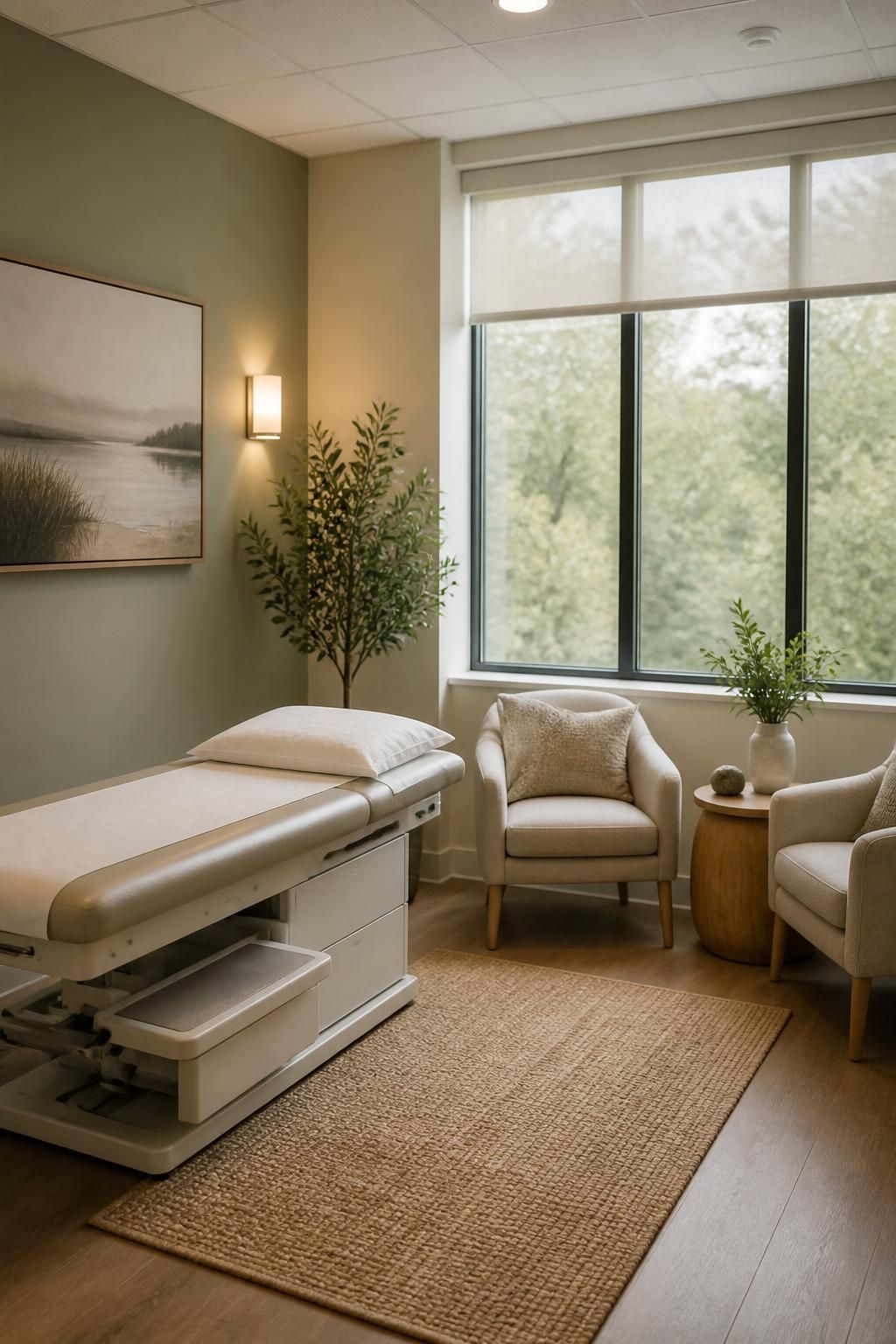 Inviting modern consultation room with clean exam table and seating